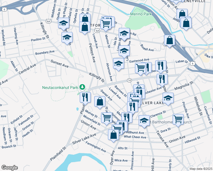 map of restaurants, bars, coffee shops, grocery stores, and more near 141 Lowell Avenue in Providence