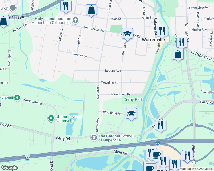 map of restaurants, bars, coffee shops, grocery stores, and more near 28W555 Townline Road in Warrenville
