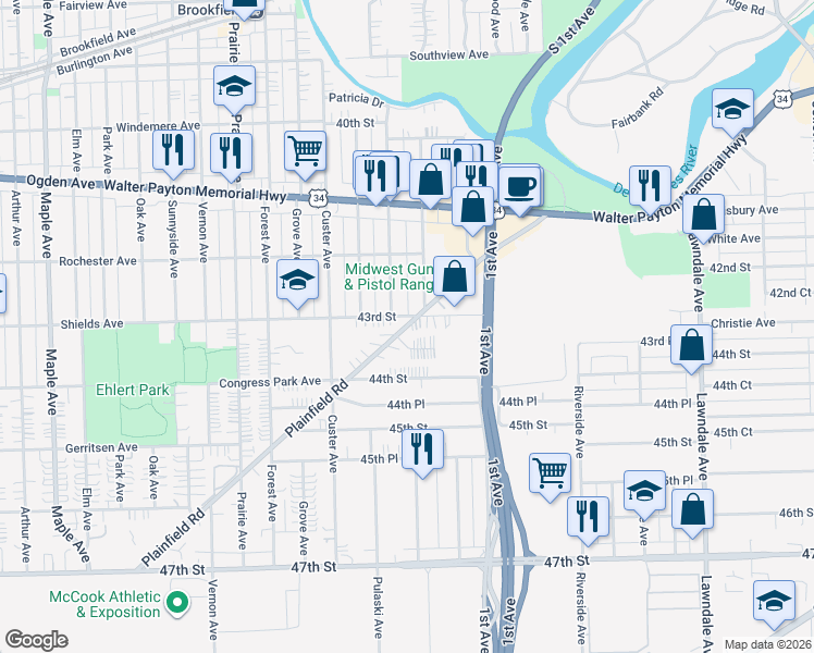 map of restaurants, bars, coffee shops, grocery stores, and more near 8639 Plainfield Road in Lyons