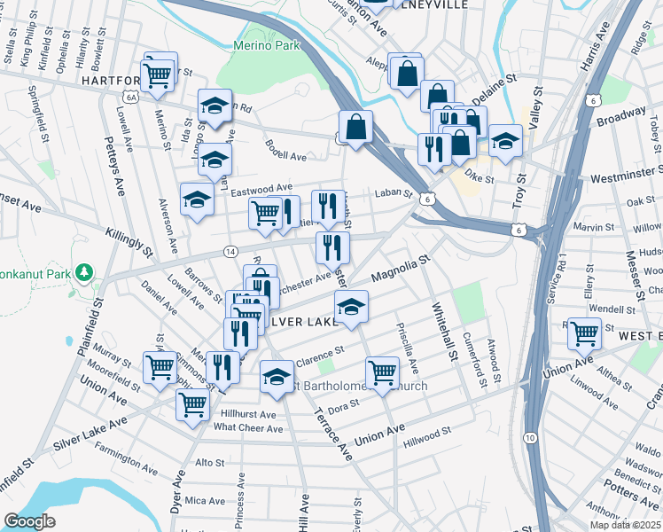 map of restaurants, bars, coffee shops, grocery stores, and more near 17 Dorchester Avenue in Providence