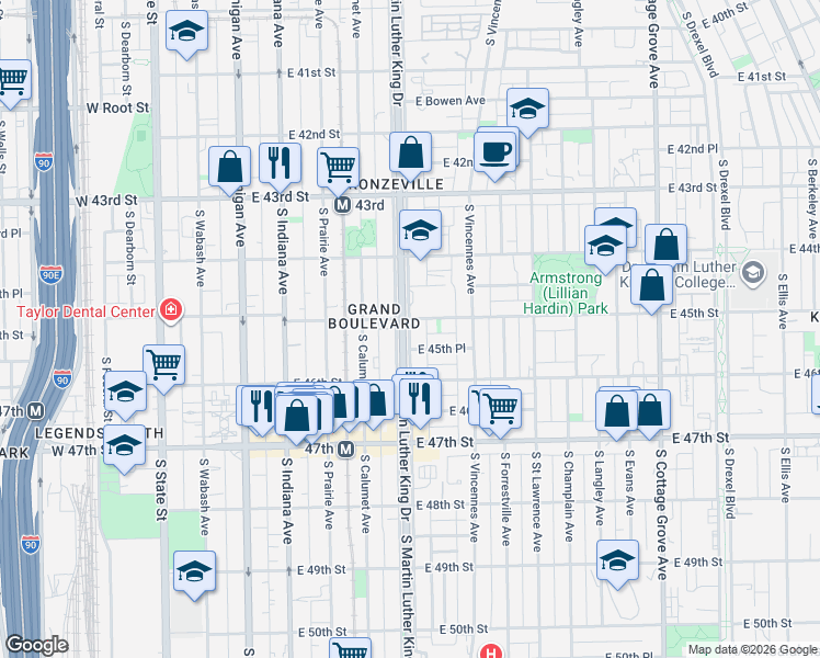 map of restaurants, bars, coffee shops, grocery stores, and more near 4515 South Doctor Martin Luther King Junior Drive in Chicago