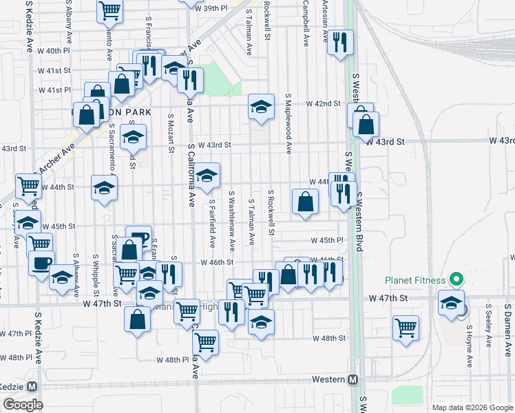 map of restaurants, bars, coffee shops, grocery stores, and more near 4442 South Rockwell Street in Chicago