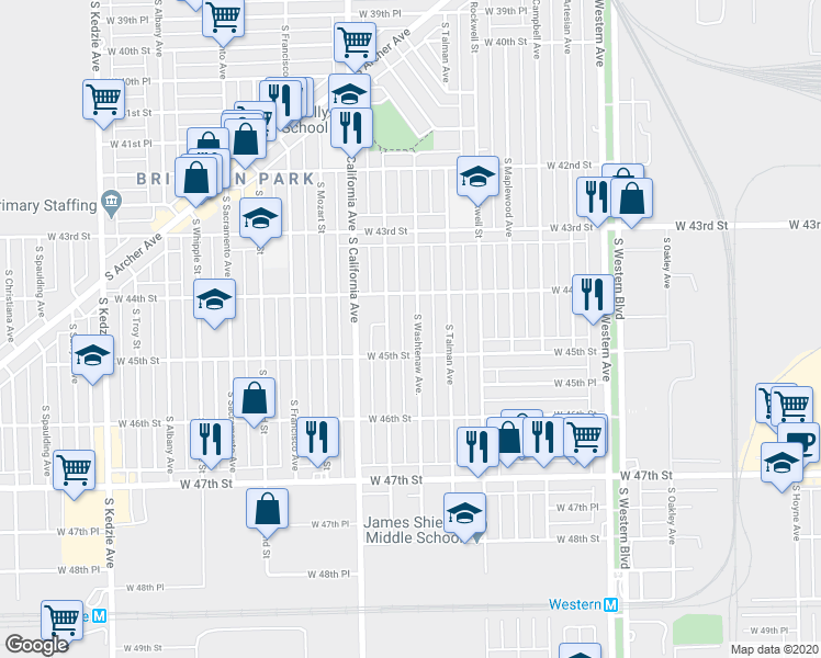map of restaurants, bars, coffee shops, grocery stores, and more near 4445 South Washtenaw Avenue in Chicago