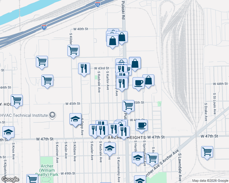map of restaurants, bars, coffee shops, grocery stores, and more near 4431 South Karlov Avenue in Chicago