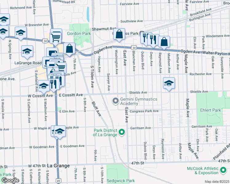 map of restaurants, bars, coffee shops, grocery stores, and more near 620 East Cossitt Avenue in La Grange