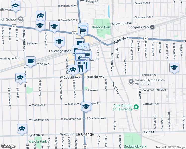 map of restaurants, bars, coffee shops, grocery stores, and more near 90 6th Avenue in La Grange