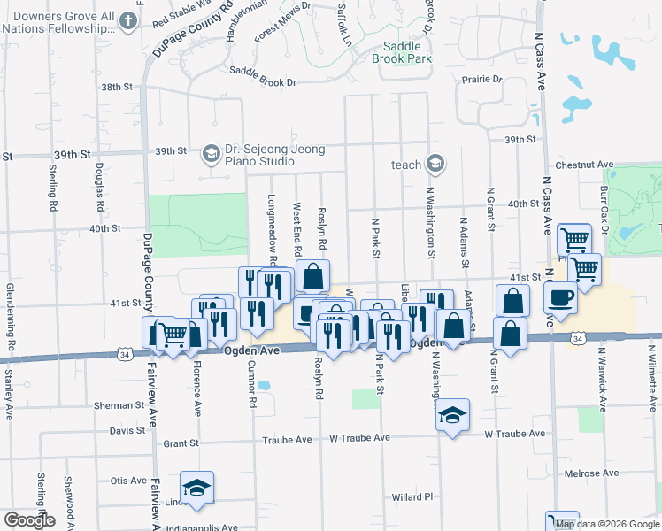 map of restaurants, bars, coffee shops, grocery stores, and more near 4152 Roslyn Road in Downers Grove