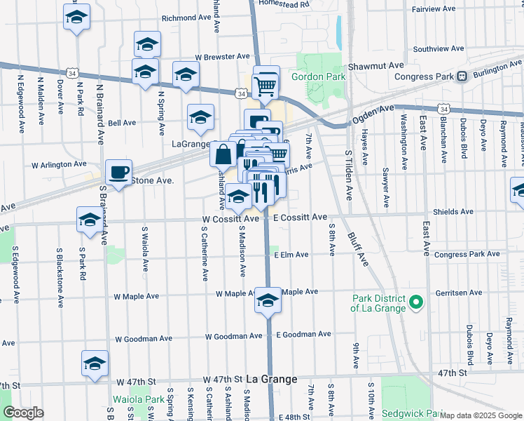 map of restaurants, bars, coffee shops, grocery stores, and more near 88 U.S. 45 in La Grange
