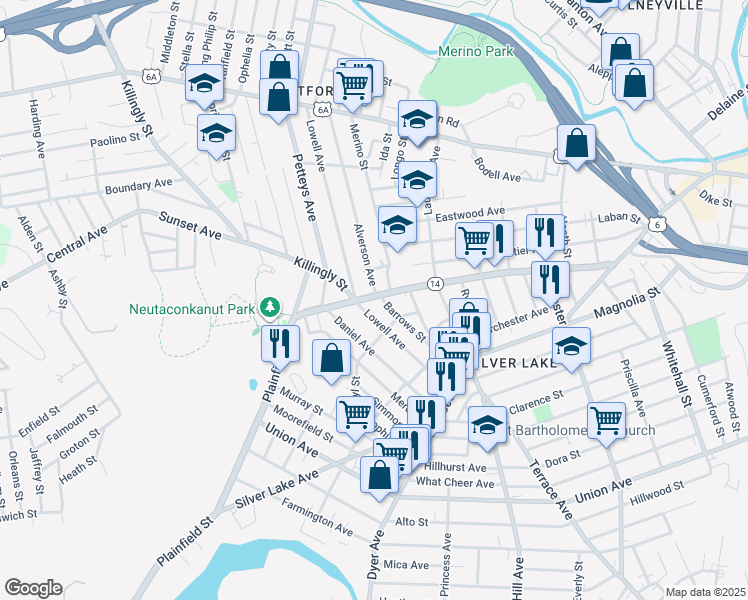 map of restaurants, bars, coffee shops, grocery stores, and more near 582 Plainfield Street in Providence