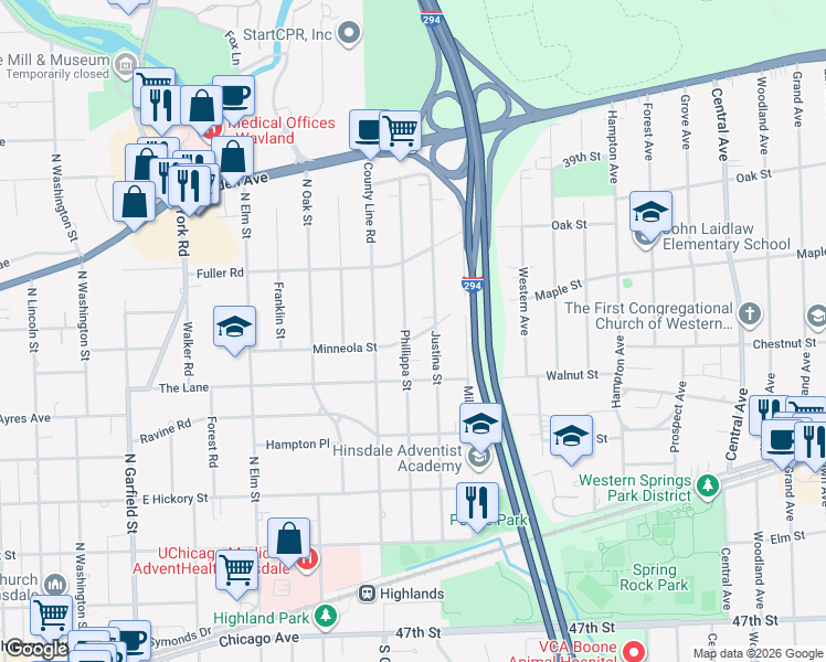 map of restaurants, bars, coffee shops, grocery stores, and more near 539 Phillippa Street in Hinsdale