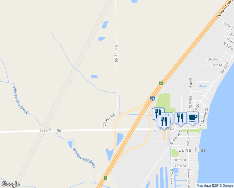 map of restaurants, bars, coffee shops, grocery stores, and more near 10841 Victory Road in Erie