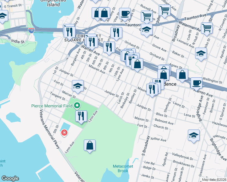 map of restaurants, bars, coffee shops, grocery stores, and more near 164 Lyon Avenue in East Providence