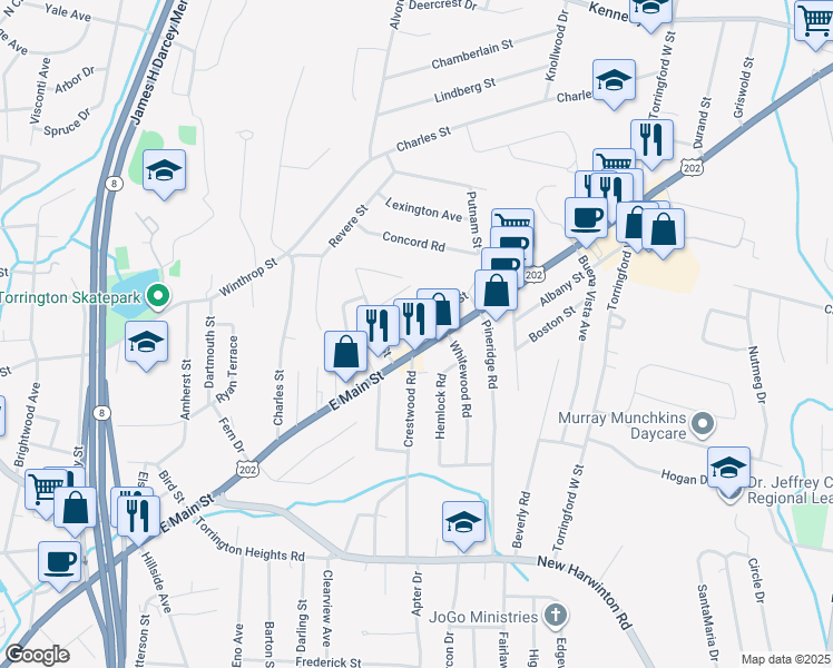 map of restaurants, bars, coffee shops, grocery stores, and more near 927 East Main Street in Torrington