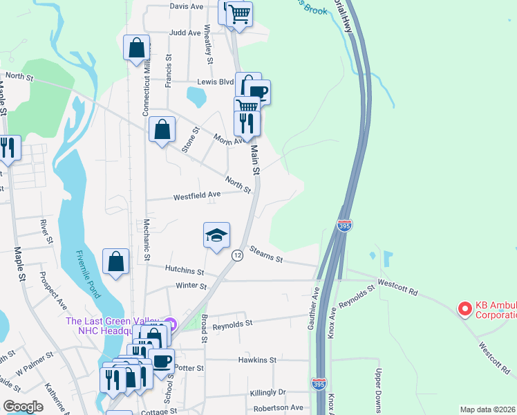 map of restaurants, bars, coffee shops, grocery stores, and more near 452 Main Street in Killingly