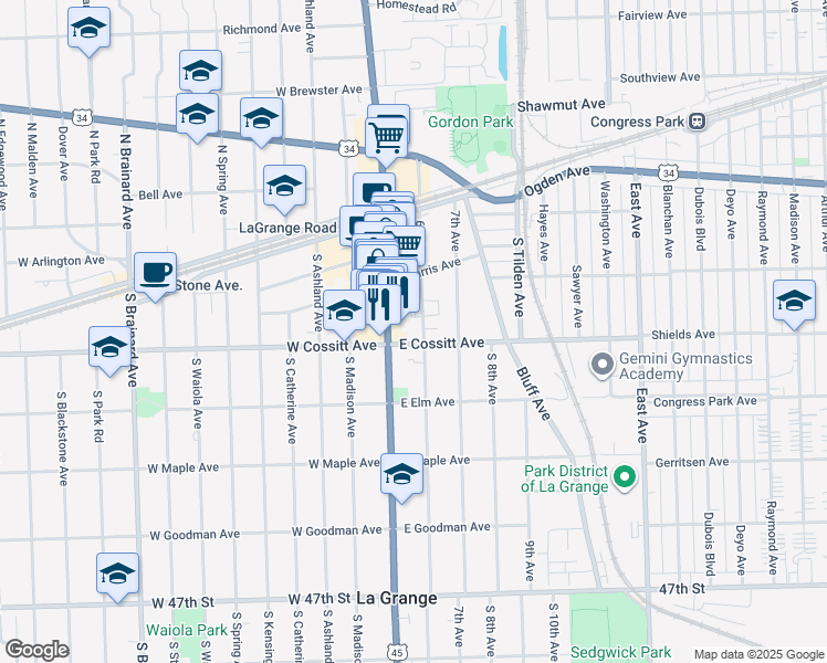 map of restaurants, bars, coffee shops, grocery stores, and more near 90 6th Avenue in La Grange