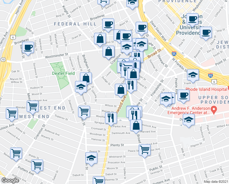 map of restaurants, bars, coffee shops, grocery stores, and more near 30 Bridgham Street in Providence