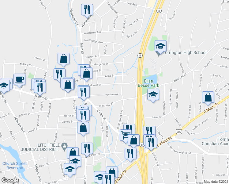 map of restaurants, bars, coffee shops, grocery stores, and more near 139 Pythian Avenue in Torrington