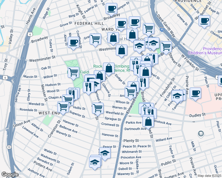 map of restaurants, bars, coffee shops, grocery stores, and more near 72 Bridgham Street in Providence