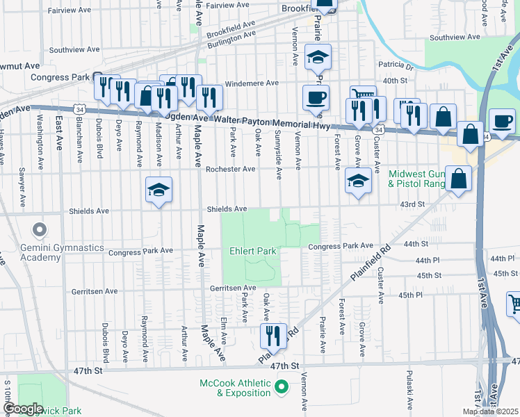 map of restaurants, bars, coffee shops, grocery stores, and more near 9025 Shields Avenue in Brookfield