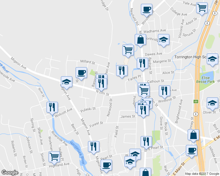 map of restaurants, bars, coffee shops, grocery stores, and more near 186 North Elm Street in Torrington