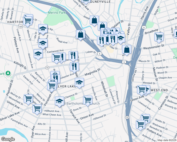 map of restaurants, bars, coffee shops, grocery stores, and more near 195 Magnolia Street in Providence