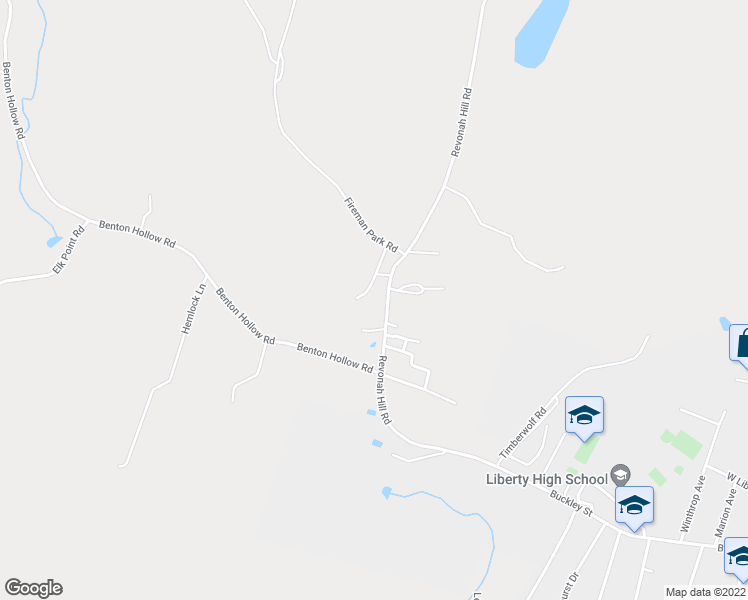 map of restaurants, bars, coffee shops, grocery stores, and more near 135 Revonah Hill Road in Liberty