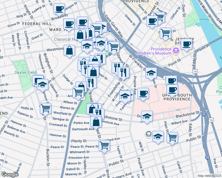 map of restaurants, bars, coffee shops, grocery stores, and more near 64 Portland Street in Providence
