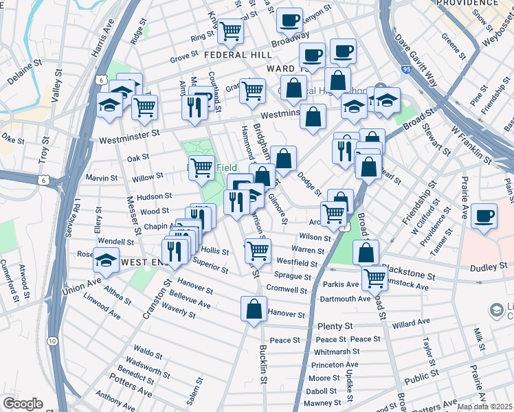 map of restaurants, bars, coffee shops, grocery stores, and more near 1932 Lester Street in Providence