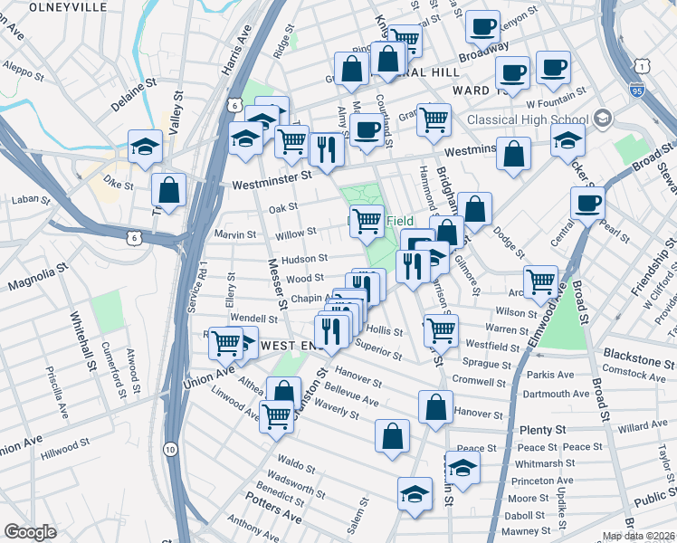 map of restaurants, bars, coffee shops, grocery stores, and more near 36 Wood Street in Providence