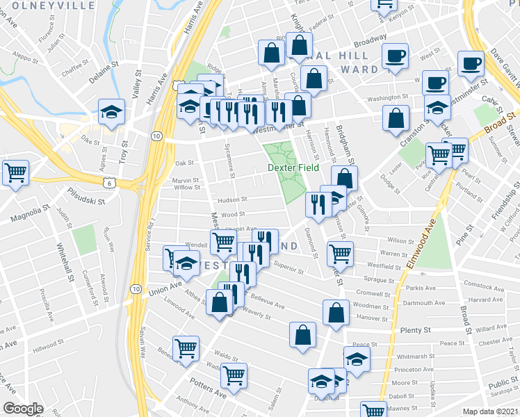 map of restaurants, bars, coffee shops, grocery stores, and more near 36 Wood Street in Providence
