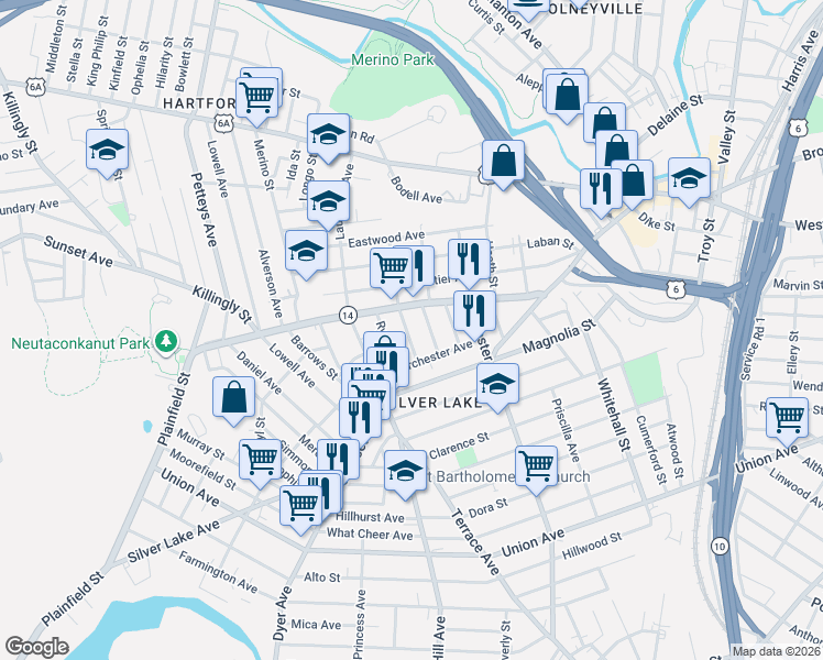 map of restaurants, bars, coffee shops, grocery stores, and more near 33 Viola Street in Providence