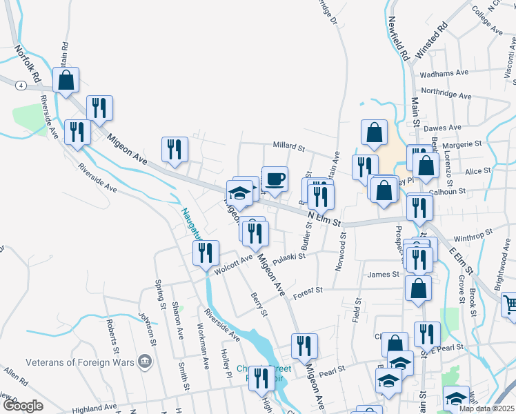 map of restaurants, bars, coffee shops, grocery stores, and more near 353 North Elm Street in Torrington