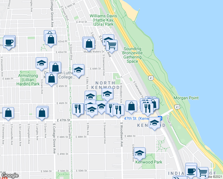 map of restaurants, bars, coffee shops, grocery stores, and more near 4519 South Greenwood Avenue in Chicago