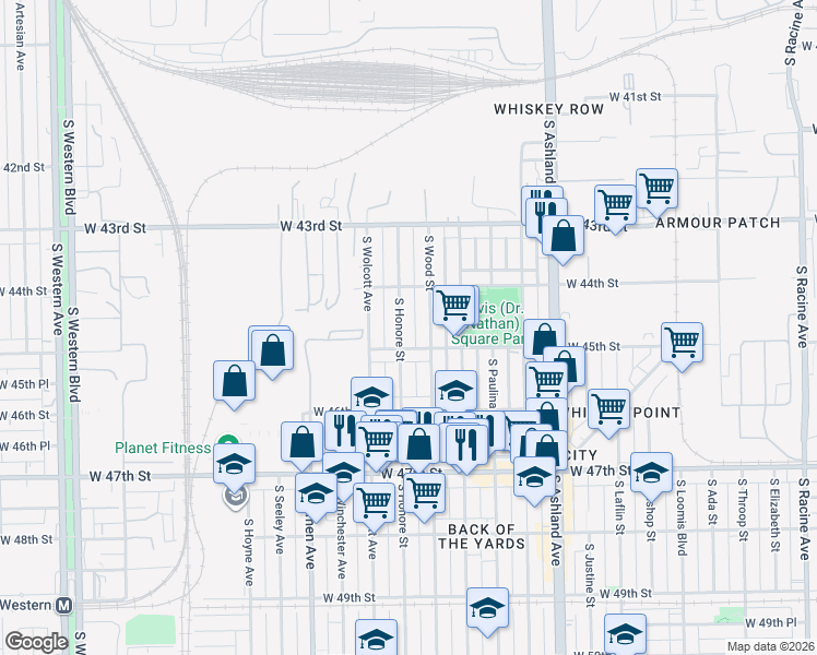 map of restaurants, bars, coffee shops, grocery stores, and more near 4454 South Wood Street in Chicago