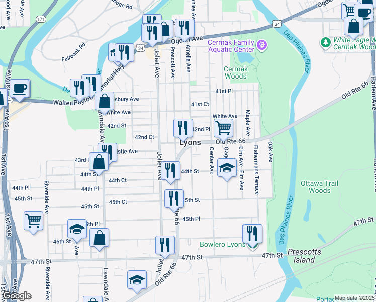 map of restaurants, bars, coffee shops, grocery stores, and more near 4323 Historic U.S. 66 in Lyons