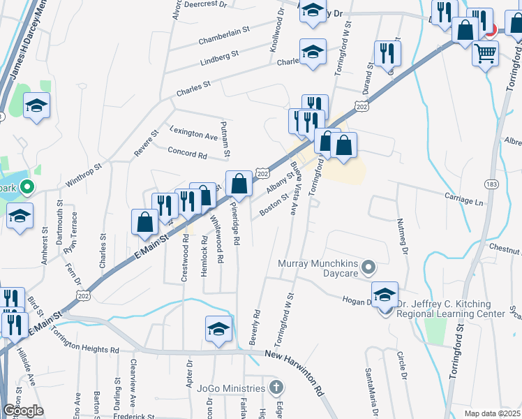 map of restaurants, bars, coffee shops, grocery stores, and more near 29 Boston Street in Torrington