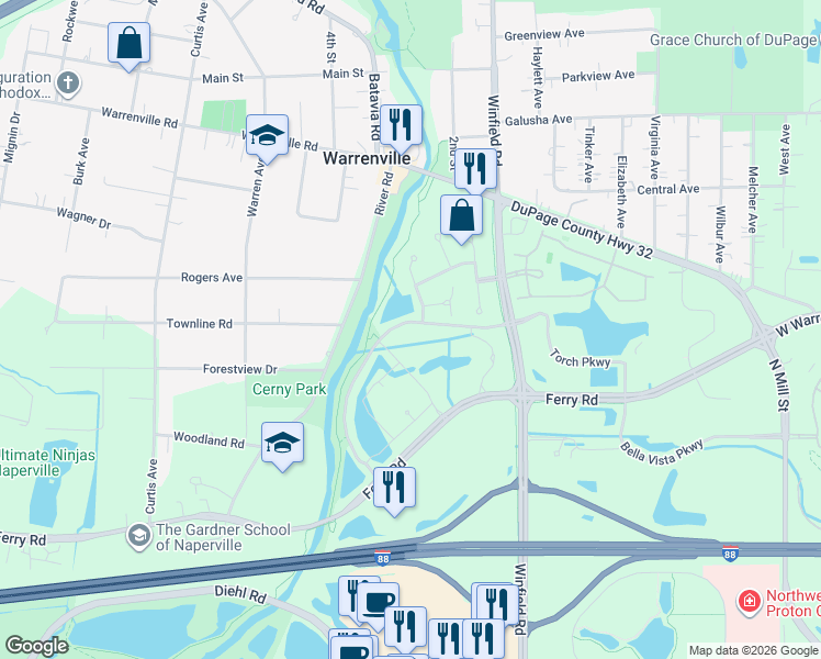 map of restaurants, bars, coffee shops, grocery stores, and more near 28301-28175 Torch Pkwy in Warrenville