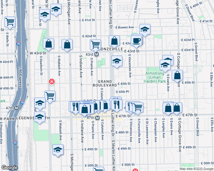 map of restaurants, bars, coffee shops, grocery stores, and more near 355 East 45th Street in Chicago