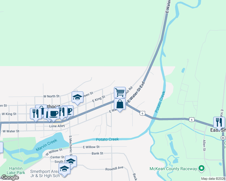 map of restaurants, bars, coffee shops, grocery stores, and more near 600-1620 East King Street in Smethport