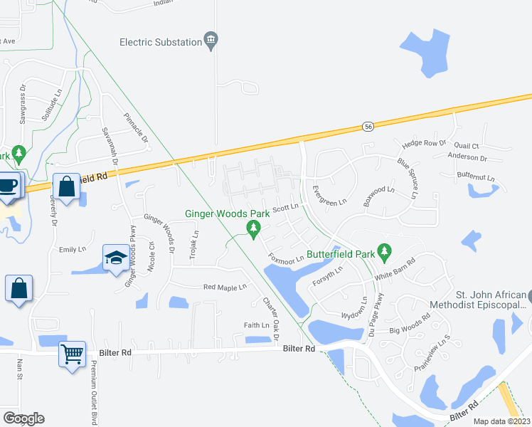 map of restaurants, bars, coffee shops, grocery stores, and more near 2206 Foxmoor Lane in Aurora