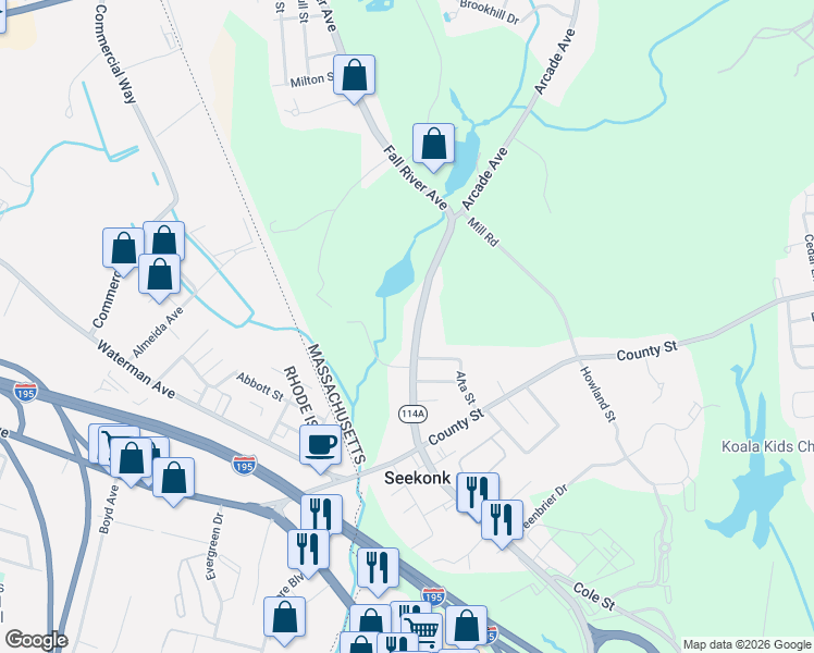 map of restaurants, bars, coffee shops, grocery stores, and more near 536 Massachusetts 114A in Seekonk