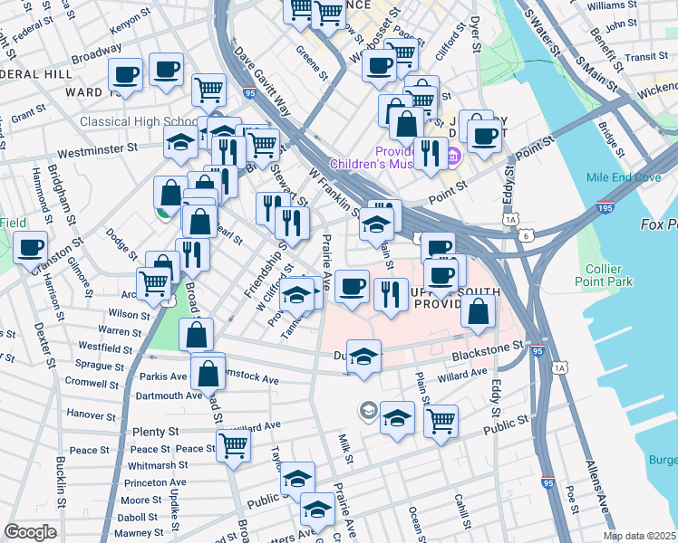 map of restaurants, bars, coffee shops, grocery stores, and more near 50 Prairie Avenue in Providence