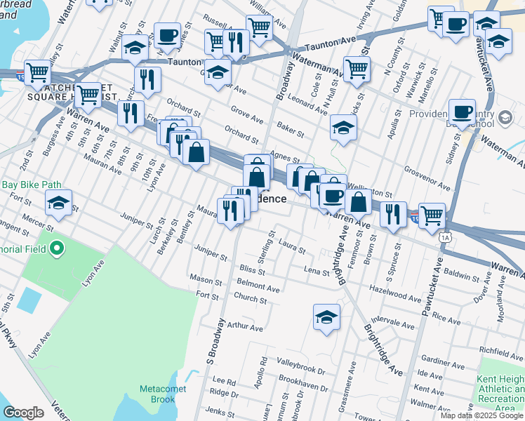 map of restaurants, bars, coffee shops, grocery stores, and more near 11 Winsor Street in East Providence
