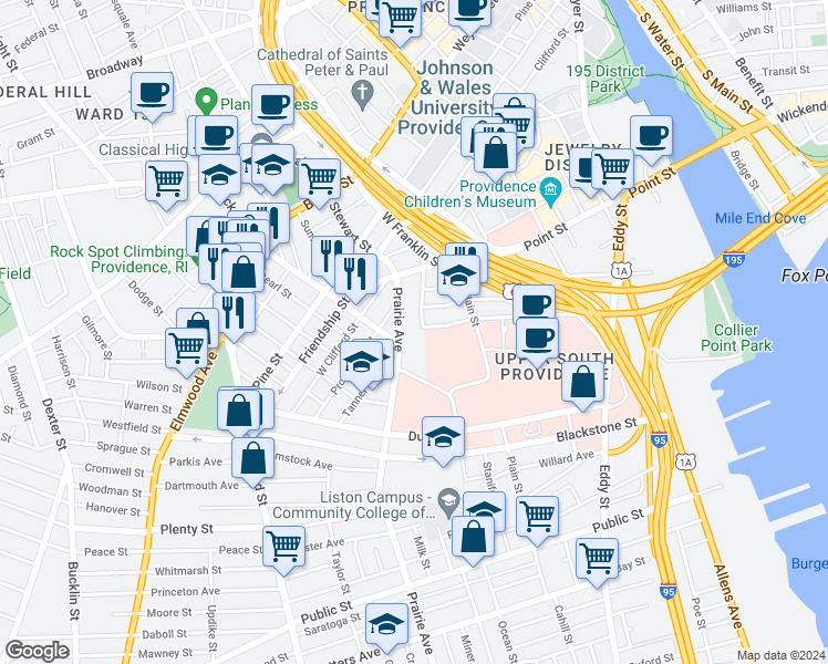 map of restaurants, bars, coffee shops, grocery stores, and more near 50 Prairie Avenue in Providence