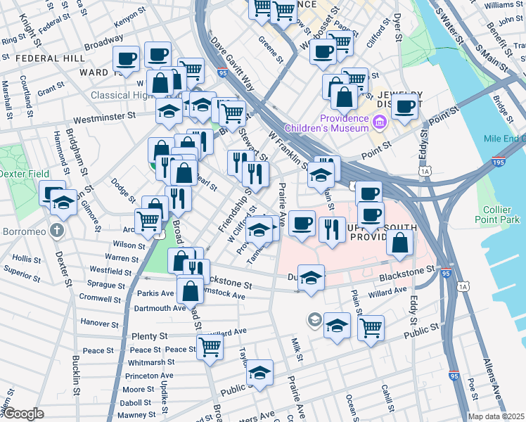 map of restaurants, bars, coffee shops, grocery stores, and more near 159 Pearl Street in Providence