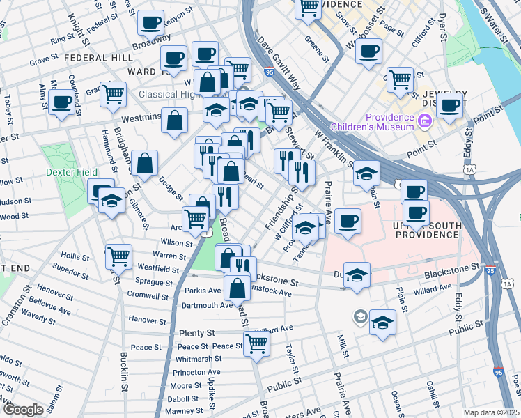 map of restaurants, bars, coffee shops, grocery stores, and more near 460 Pine Street in Providence