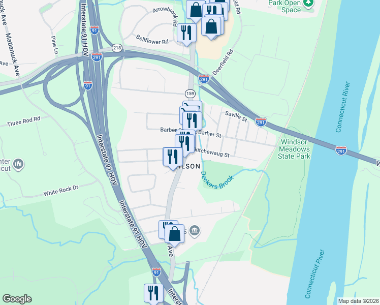 map of restaurants, bars, coffee shops, grocery stores, and more near 354 Windsor Avenue in Windsor