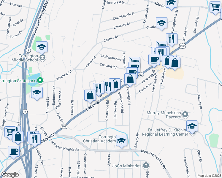 map of restaurants, bars, coffee shops, grocery stores, and more near 927 East Main Street in Torrington