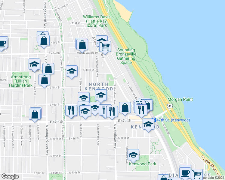 map of restaurants, bars, coffee shops, grocery stores, and more near 4522 South Woodlawn Avenue in Chicago