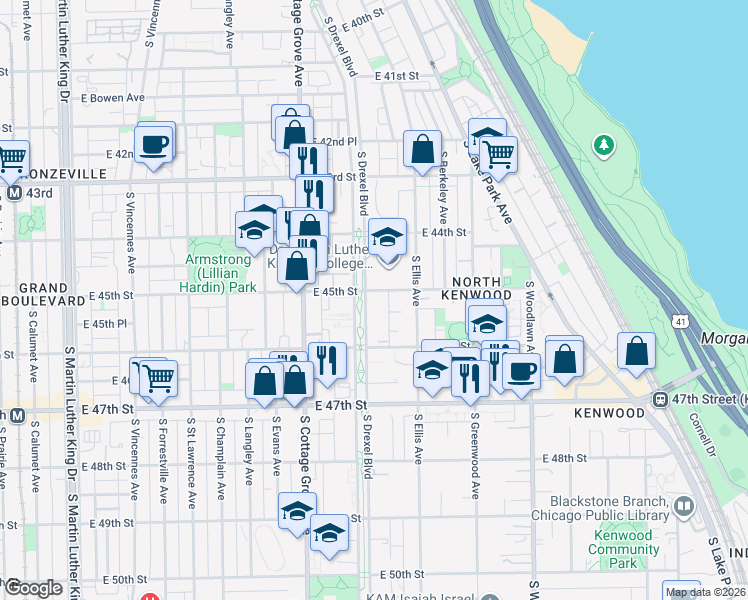 map of restaurants, bars, coffee shops, grocery stores, and more near 923 East 45th Street in Chicago